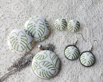 Monstera Leaf Fabric Button Jewelry: Earrings, Necklace, Studs