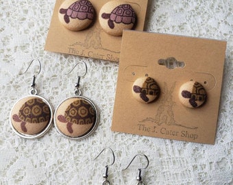 Turtle Fabric Button Earrings: Hypoallergenic Studs or Dangles