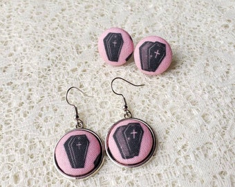 Pastel Goth Coffin Earrings: Pink Fabric Button, Halloween Jewelry