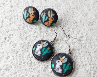 Jackalope Fabric Button Earrings: Cryptid Jewelry