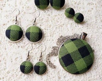 Green Buffalo Check Fabric Button Jewelry: Earrings & Necklace