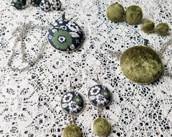 Floral Fabric Button Earrings: Vintage-Inspired Navy Olive Jewelry