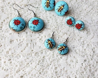 Ladybug Fabric Button Earrings: Insect Jewelry, Hypoallergenic Dangles