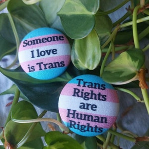 May include: Two round buttons with the transgender pride flag colors. The first button says "Someone I love is Trans". The second button says "Trans Rights are Human Rights".