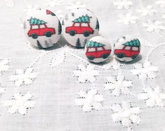 Christmas Vacation Fabric Button Earrings: Red Station Wagon, Handmade
