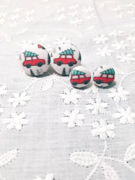 Christmas Vacation Fabric Button Earrings: Red Station Wagon, Handmade