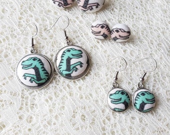 T-Rex Fabric Button Earrings: Dinosaur Studs or Dangles