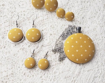 Mustard Yellow Fabric Button Jewelry: Necklace and Earrings Set