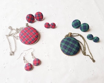 Tartan Plaid Fabric Button Jewelry Set: Necklace & Earrings