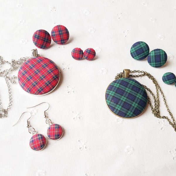 Plaid, Buffalo Check Jewelry/Plaid Necklace/Plaid Earrings/Fabric Earrings/Button Earrings/Green and Blue Plaid/Tartan Plaid/Red Plaid