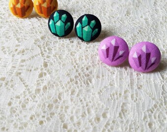 Crystal Gem Fabric Button Earrings: Witchy Jewelry