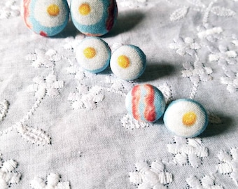 Handmade Bacon and Egg Fabric Button Earrings: Breakfast Jewelry