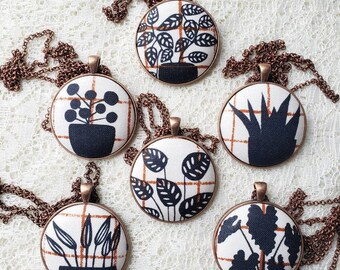 Plant Lover Necklace: Fabric Button Pendant, Antique Copper Chain