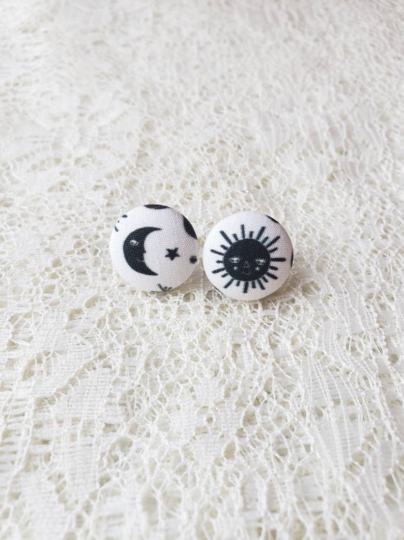 Sun and Moon Fabric Button EarringsSun and Moon JewelrySun EarringsMoon EarringsBlack and White JewelrySolarLunarFabric Earrings