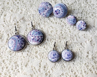 Purple Paisley Floral Fabric Button Earrings: Hypoallergenic Dangles