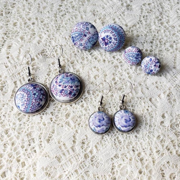 Purple Paisley Park Floral Fabric Button Earrings, Paisley Earrings, Paisley Jewelry, Floral Earrings, Purple Earrings, Purple Jewelry