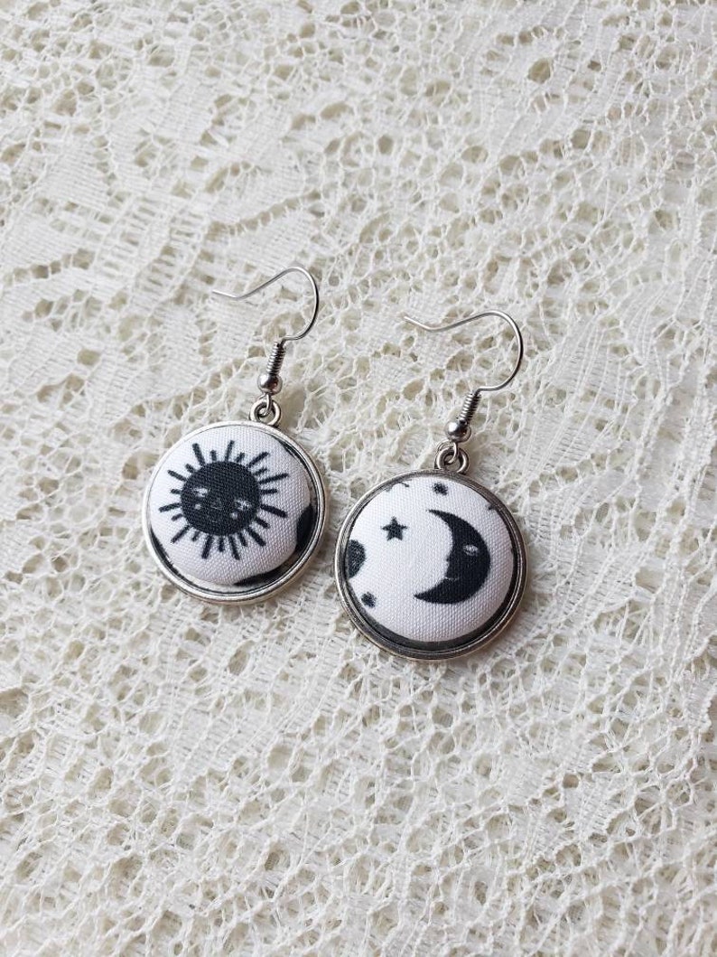 Sun and Moon Fabric Button EarringsSun and Moon JewelrySun EarringsMoon EarringsBlack and White JewelrySolarLunarFabric Earrings