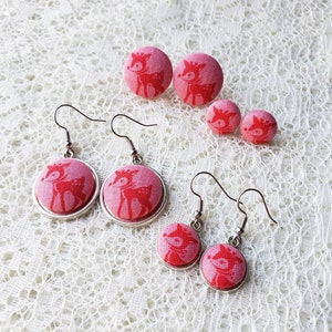 Retro Rudolph Fabric Button Earrings: Christmas Dangles or Studs