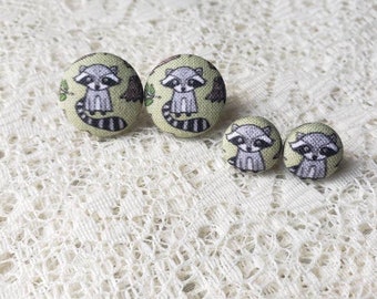 Raccoon Fabric Button Earrings: Forest Animal Jewelry