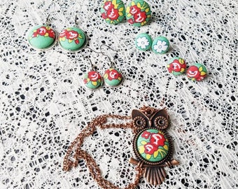 Vintage Inspired Floral Fabric Button Earrings or Owl Pendant Necklace