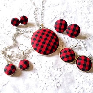 Buffalo Check Jewelry Set: Red Black Plaid Necklace & Earrings