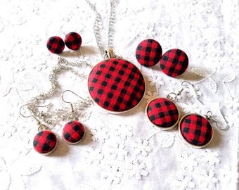 Buffalo Check Jewelry Set: Red Black Plaid Necklace & Earrings