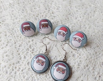 Santa Fabric Button Earrings: Holiday Studs or Dangles