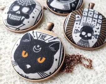 Witchy Fabric Button Necklace: Tarot, Black Cat, Skull, Palmistry