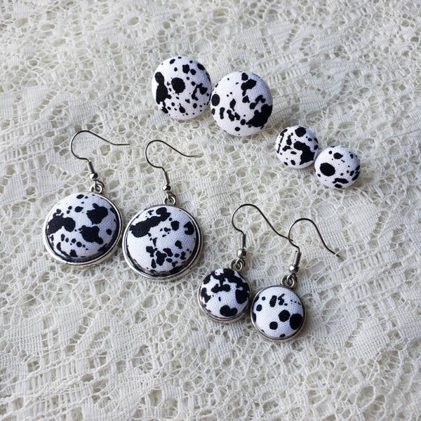 Ink Splatter Fabric Button Earrings/Black Ink/Artist Gift/Gift for Writer/Author/Literature/Book/Black White Jewelry/Black White Earrings