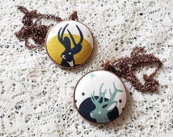 Handmade Jackalope Fabric Button Necklace: Cryptid Jewelry