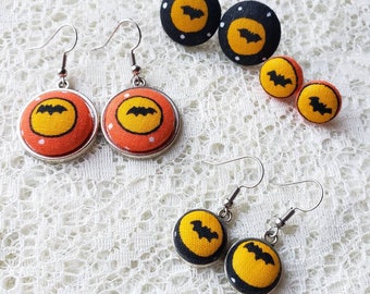 Handmade Bat Fabric Earrings: Halloween Jewelry, Stainless Steel