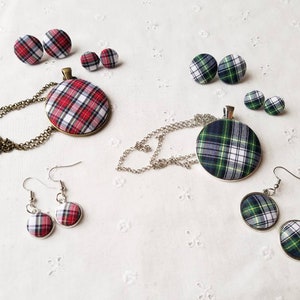 Tartan Plaid Fabric Button Jewelry Set: Necklace and Earrings