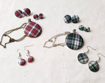 Plaid, Buffalo Check Jewelry/Plaid Necklace/Plaid Earrings/Buffalo Check Earrings/Fabric Earrings/Button Earrings/Red and Black Plaid/Tartan