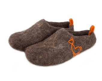 Felt Mules For Men, Brown Wool, Natural Fiber, Warm Indoor Slippers