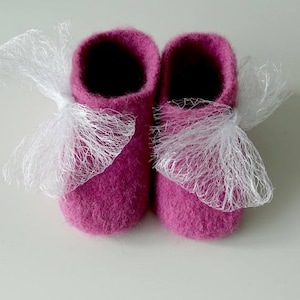 Children&#39;s felt felted wool booties / slippers / boots / crib shoes with bow - handmade using highest quality wool - soft and warm