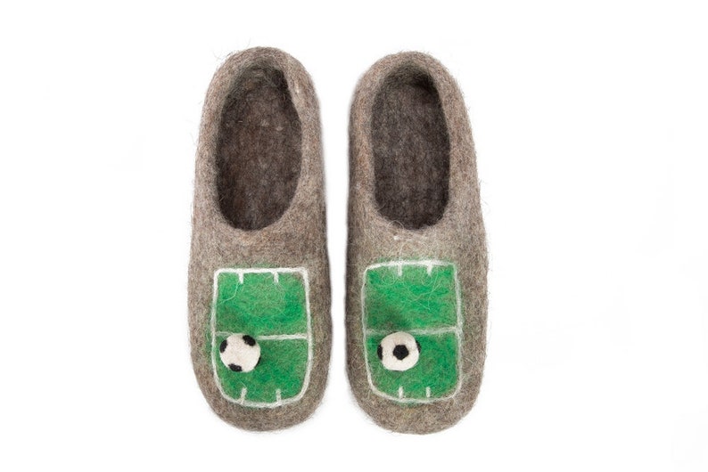 Felt felted boiled wool slippers for men with football pitch and white ball Eco friendly Increadibly warm Great gift for football fans image 3