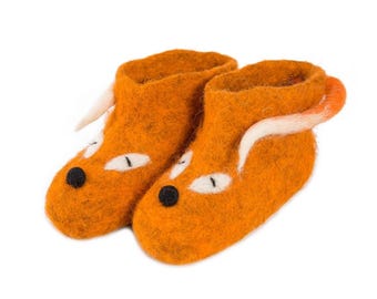 Felt Fox Slippers, boiled wool, warm non slip baby shoe