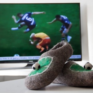 Felt felted boiled wool slippers for men with football pitch and white ball Eco friendly Increadibly warm Great gift for football fans image 2