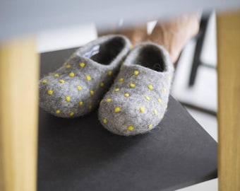 Handmade Grey Felt Wool Slippers, Embroidered Dots, Unisex Hygge Home Shoes