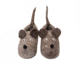 Hand Felt Wool Mouse Slippers, Cozy Hygge Home Shoes, Eco Friendly Mules