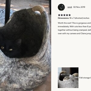 Felted wool storage basket in grey with two wrapped handles; cozy cat bed with a sleeping cat inside.