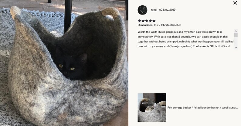 Felted wool storage basket in grey with two wrapped handles; cozy cat bed with a sleeping cat inside.