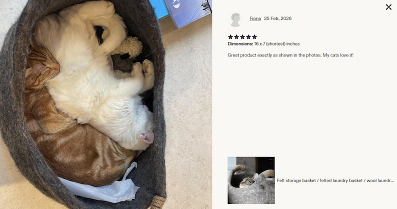 Felted wool storage basket in grey with two wrapped handles; cozy cat bed with a sleeping cat inside.