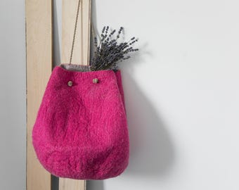 Felt Storage Basket, Magenta Wool, Collapsible Cinch Top
