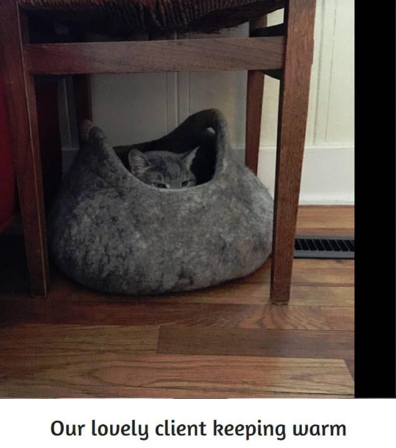 Felted wool storage basket in grey with two wrapped handles; cozy cat bed with a sleeping cat inside.