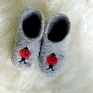 Children&#39;s felt felted wool booties / slippers / boots / crib shoes with ladybird - handmade using highest quality wool - soft and warm