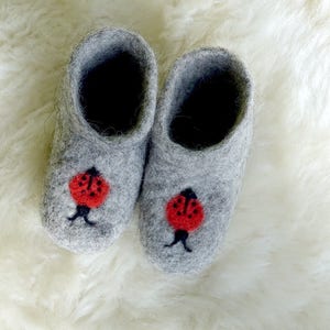 Children's felt felted wool booties / slippers / boots / crib shoes with ladybird handmade using highest quality wool soft and warm image 1