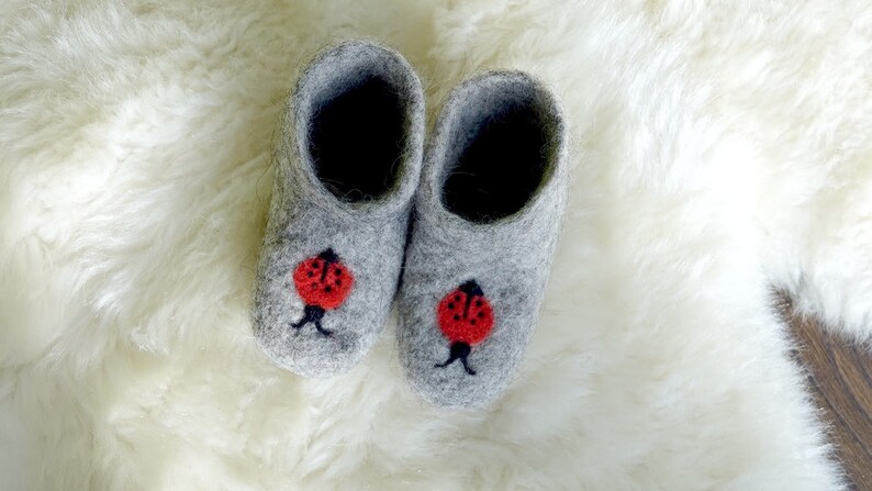 Children's felt felted wool booties / slippers / boots / crib shoes with ladybird handmade using highest quality wool soft and warm image 1