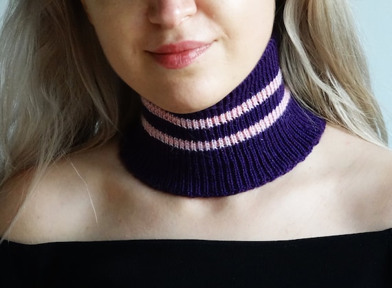 MUST HAVE: Mock roll neck collar Wool mock collar Wool mock turtleneck  neckwarmer purple with lighter stripes - Main Image