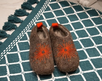 Zuecos de lana hervida, mules de fieltro gris, pantuflas bordadas, zapatos minimalistas para estar en casa.
